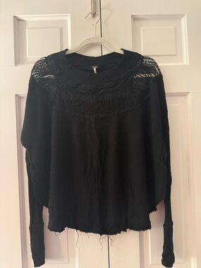 Free People Black Lace Yoke Fringe Knit Long-Sleeve Top